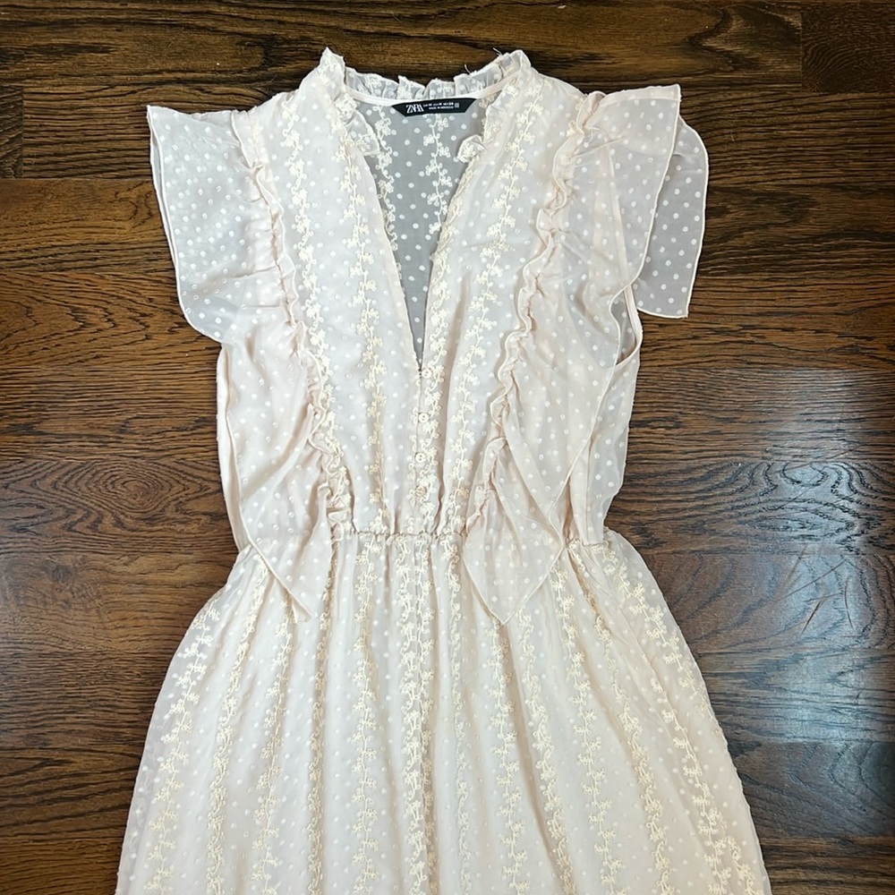 Zara Pale Pink Swiss Dot Midi Dress with Ruffle Trim